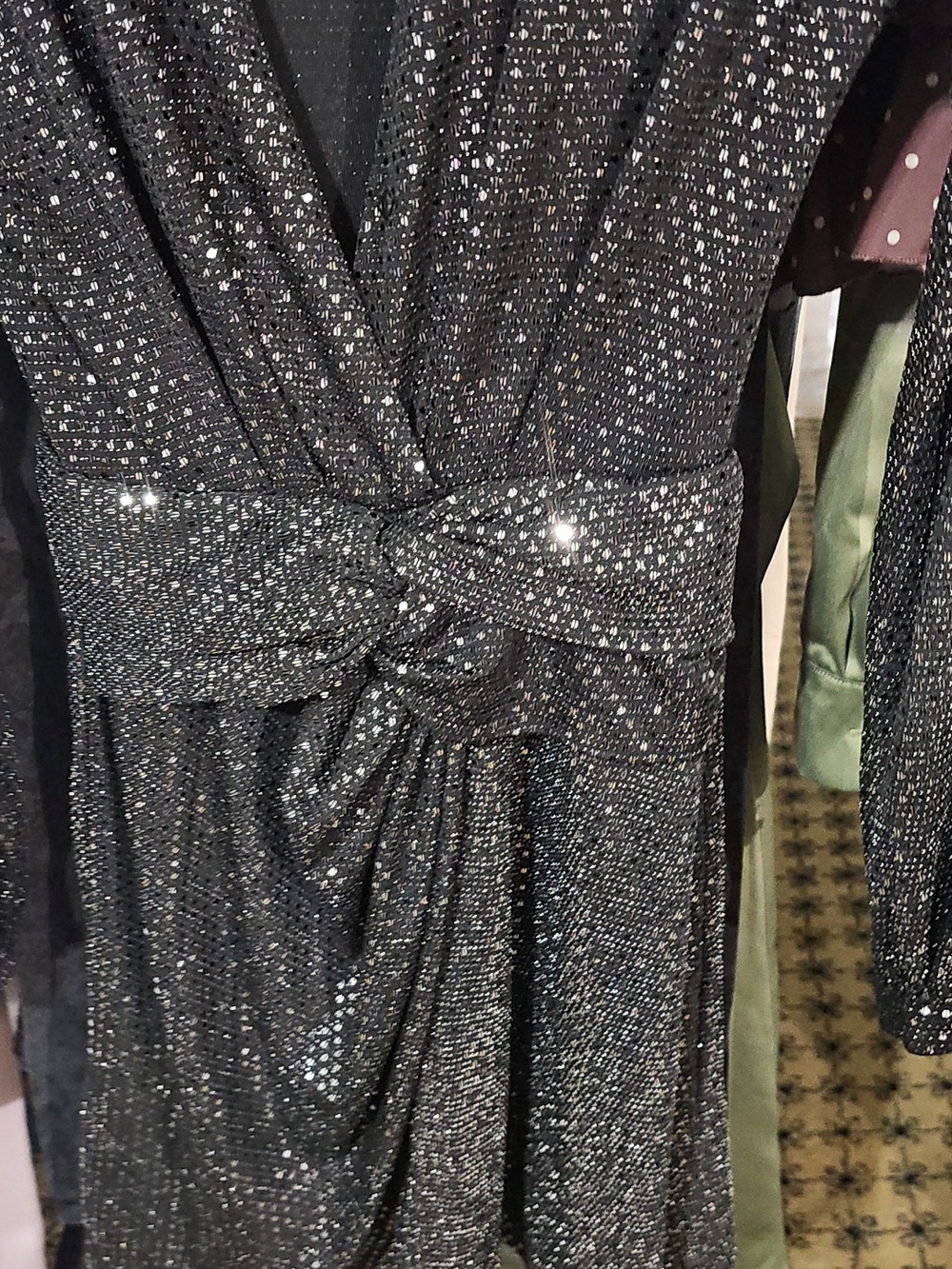 Elan Sparkle Wrap Mini Dress in Black Knee Length - Picture 2 of 6